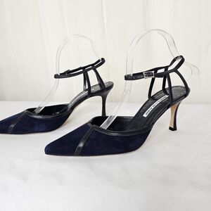 Manolo Blahnik Gabona Navy Blue Suede Black Leather Ankle Strap Heels Size 39